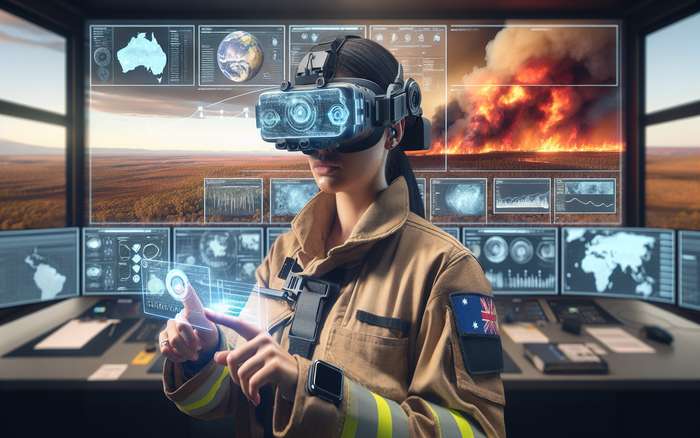 A photorealistic image of Australian emergency responders using advanced communication technology during a bushfire response. In the foreground, a firefighter wearing an augmented reality headset overlaying critical information. Behind them, a command center with large digital screens displaying AI-analyzed data and satellite imagery. In the background, the iconic Australian outback landscape with smoke rising from distant fires. The scene should convey a sense of high-tech emergency management in a distinctly Australian setting.