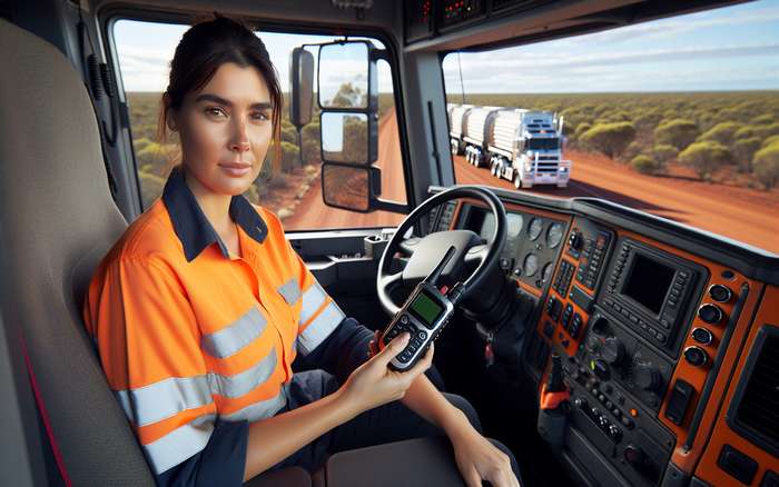 A realistic photo of an Australian truck driver using a modern push-to-talk device while sitting in the cab of a road train. The driver is wearing a high-visibility shirt and the outback landscape is visible through the windshield. The push-to-talk device should be clearly visible and mounted on the dashboard. Include details that highlight the vastness of the Australian outback and the long-distance nature of trucking in Australia.